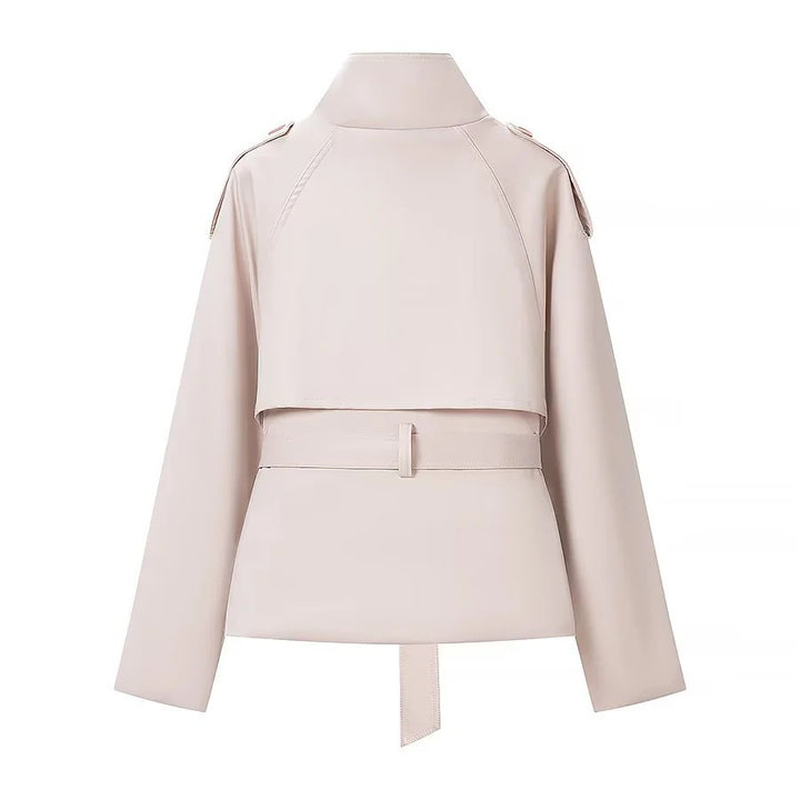 Damen Kurzjacke im Trench‑Stil mit Stehkragen Doppelreihe und Bindegürtel Drune