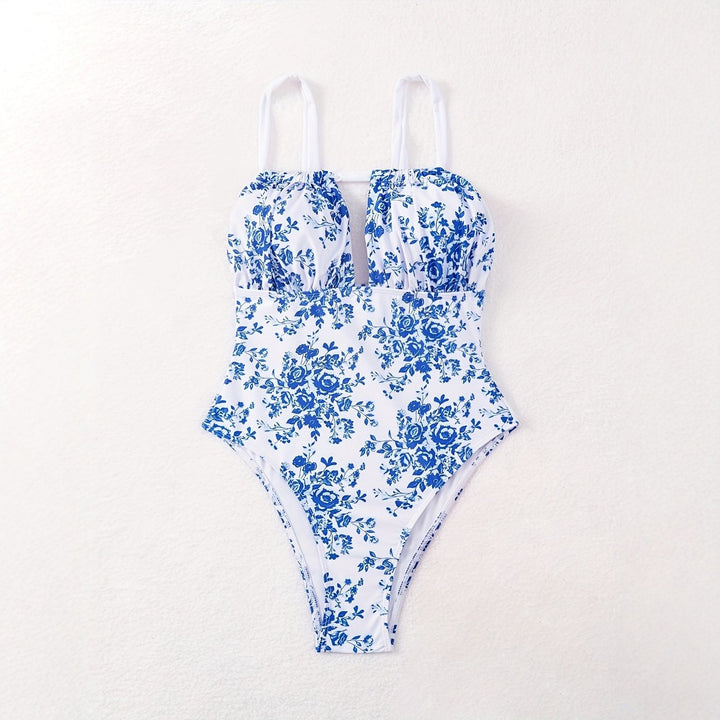 Damen Einteiliger Badeanzug mit floralem Design und tiefem V-Ausschnitt Drune