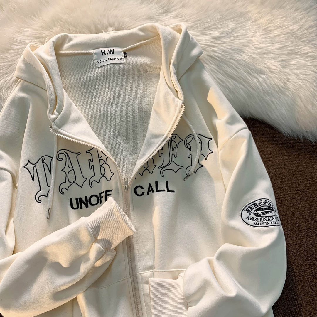 Unisex nan Reißverschluss-Hoodie mit Gothic-Schriftzug, Kapuze, Kängurutasche und Ärmelflock-Patch Drune