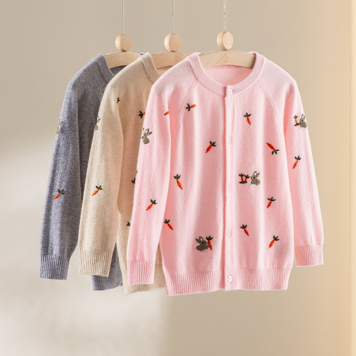 Damen Geknöpfte Feinstrick‑Cardigan mit Hasen‑ und Karottenstickerei Drune