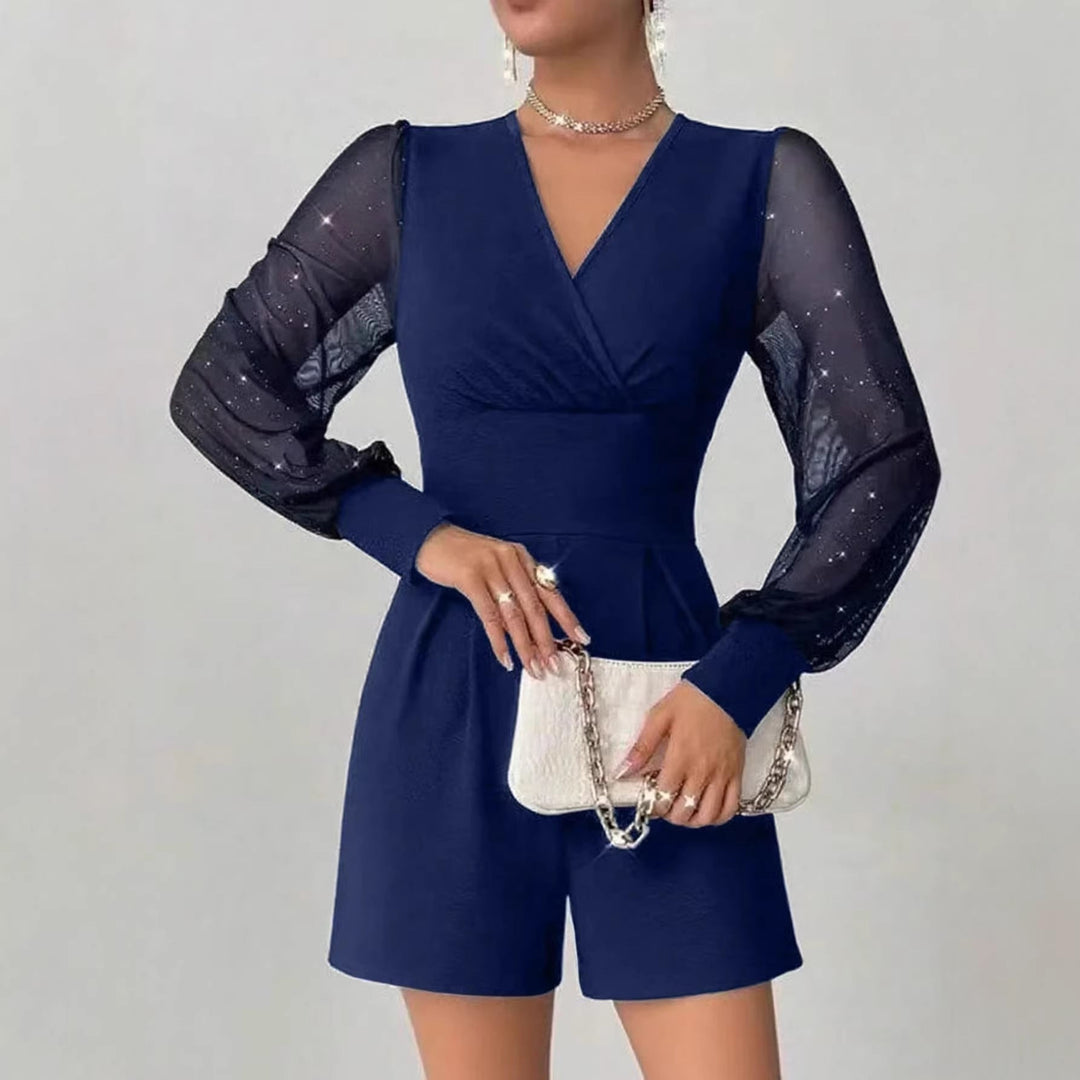 Damen eleganter Jumpsuit mit transparenten Puffärmeln und V-Ausschnitt Drune