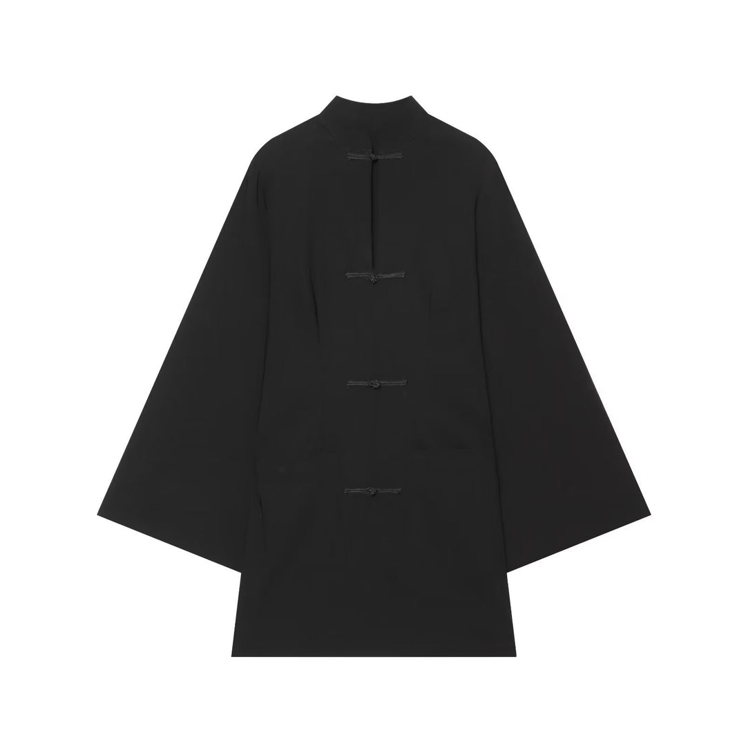 Damen Cape‑Mantel mit Stehkragen chinesischen Knotenverschlüssen und weiten Kimonoärmeln Drune