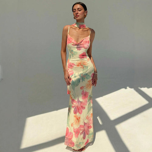 Damen Maxikleid mit raffinierten Spaghettiträgern und floralem Design Drune