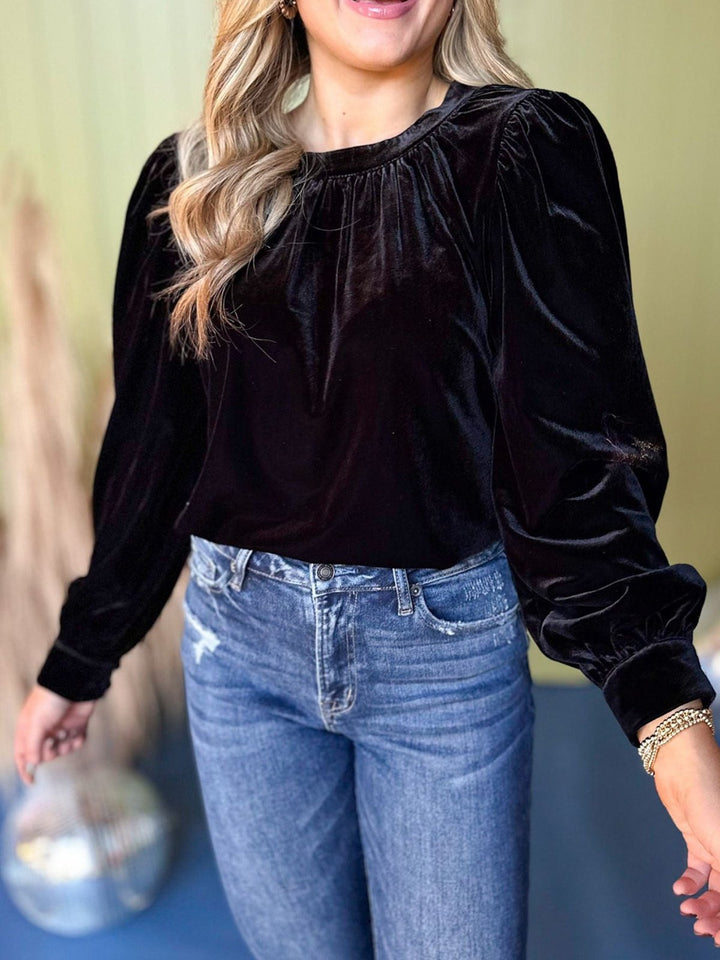 Damen Samtbluse mit Ballonärmeln und gerafftem Stehkragen Drune