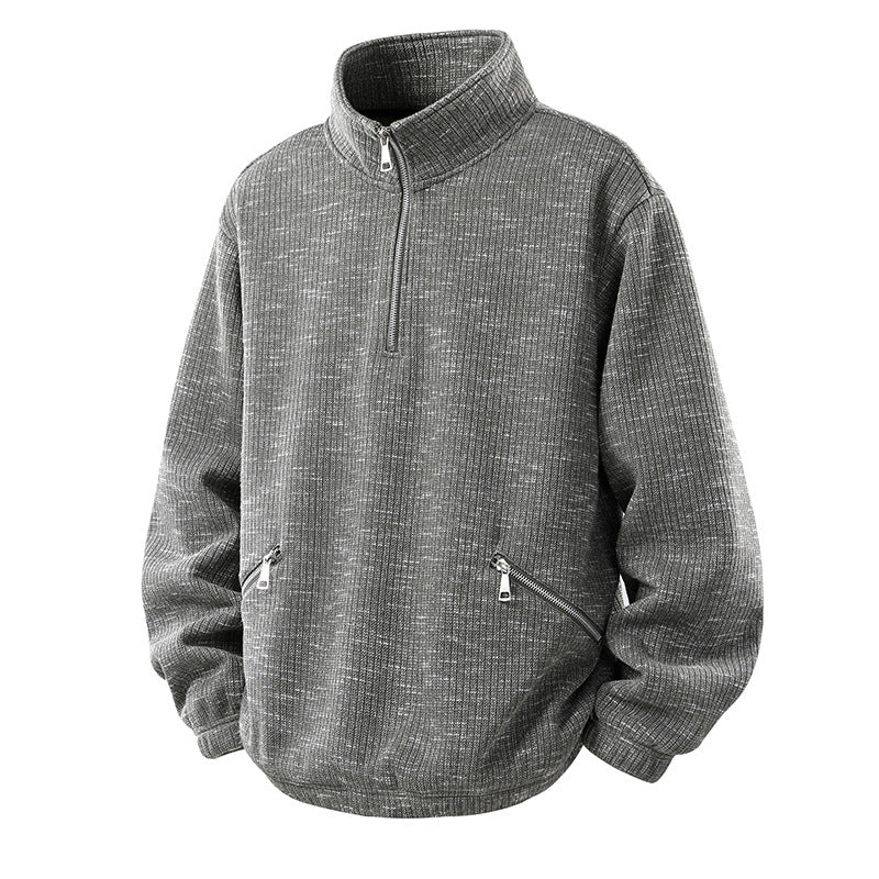 Herren Oversize Strickoptik Half-Zip Pullover mit Stehkragen und Reißverschlusstaschen Drune