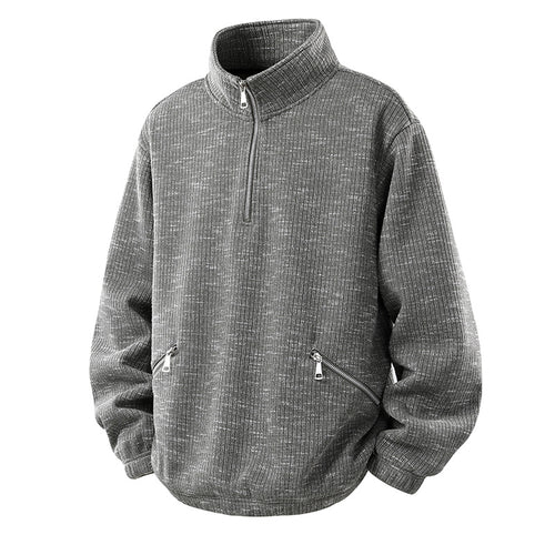 Herren Oversize Strickoptik Half-Zip Pullover mit Stehkragen und Reißverschlusstaschen Drune