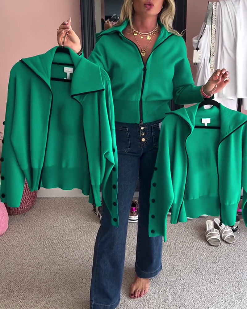 Damen nan kurze Kapuzen-Strickzipjacke mit breitem Rippbund und Zierknöpfen an Ärmeln Drune