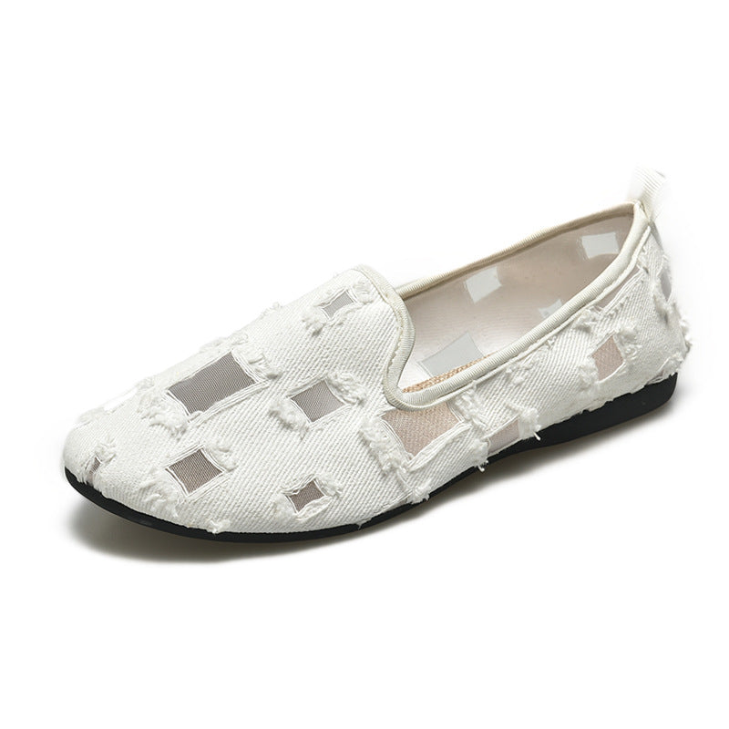 Damen nan lässiger Slipper mit Netz-Einsätzen und ausgefransten Jeansdetails Drune