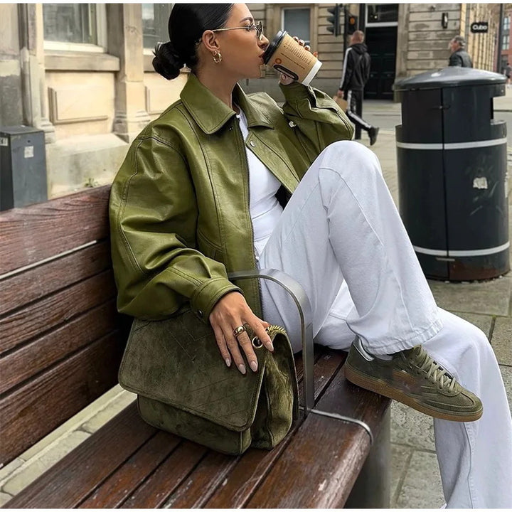 Damen modische oversized Lederjacke mit steigendem Kragen Drune