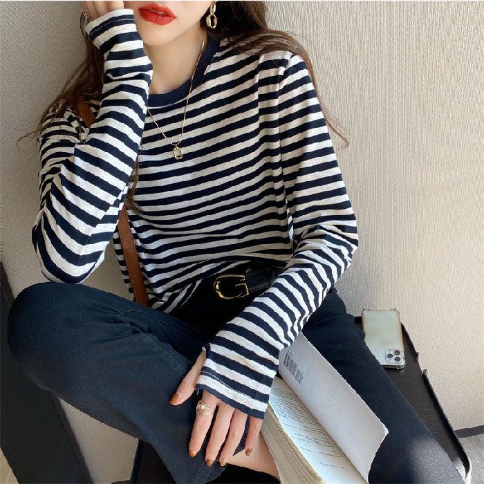 Damen lässiges Langarmshirt mit Streifenmuster und weitem Schnitt Drune