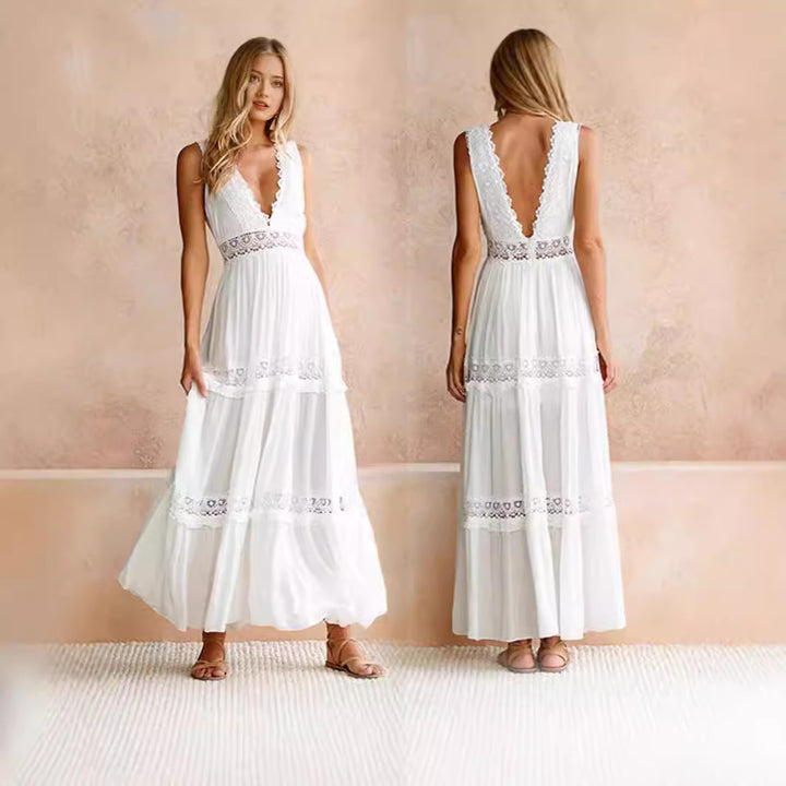 Damen Elegantes Maxikleid mit tiefem V-Ausschnitt und verspielten Häkelapplikationen Drune