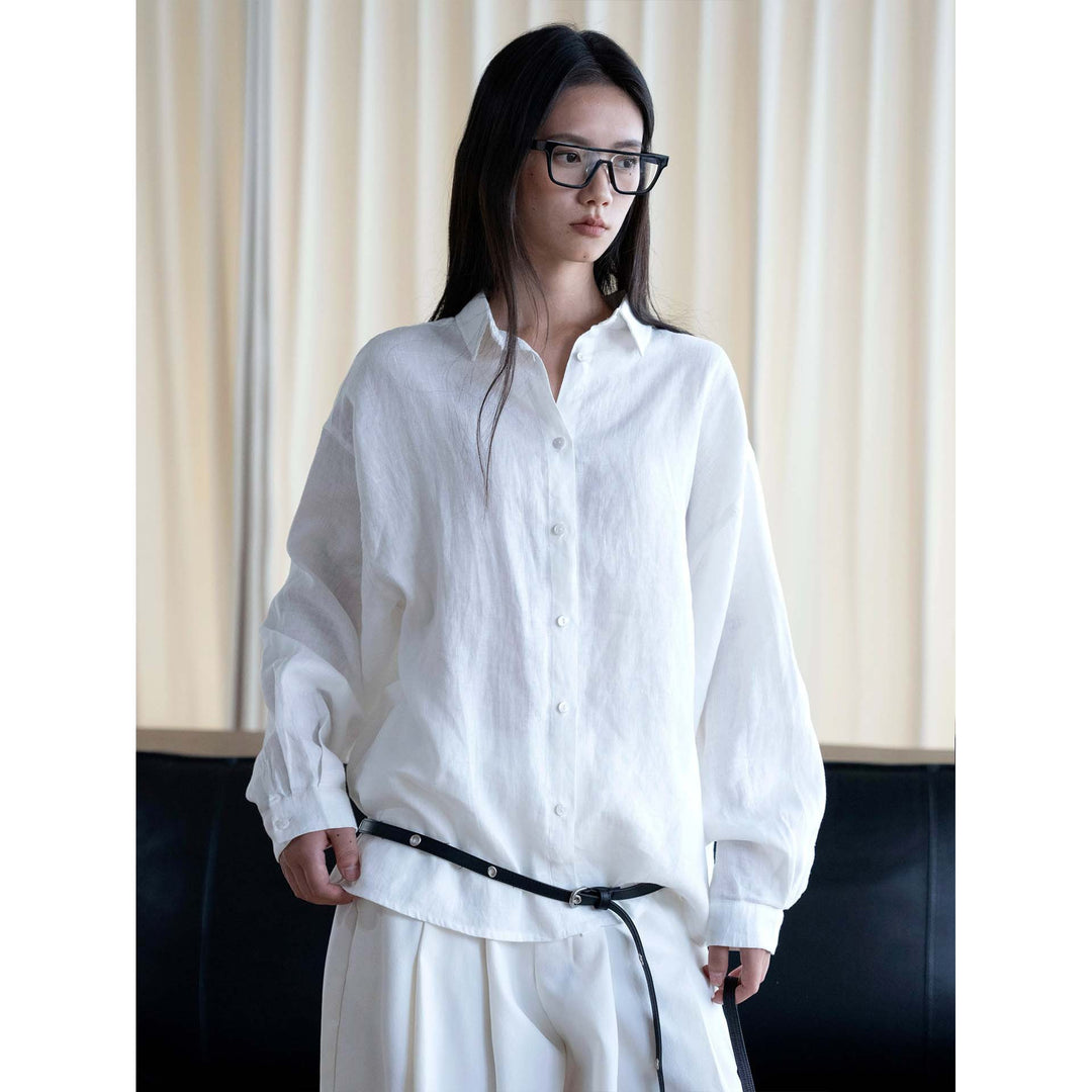 Damen Relaxed-Fit Leinen‑Hemdbluse mit klassischem Kragen und abgerundetem Saum Drune