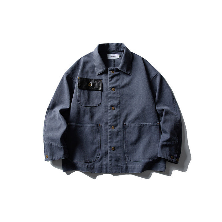 Unisex Boxy-Canvas-Worker-Überhemdjacke mit Lederpatte und aufgesetzten Taschen Drune