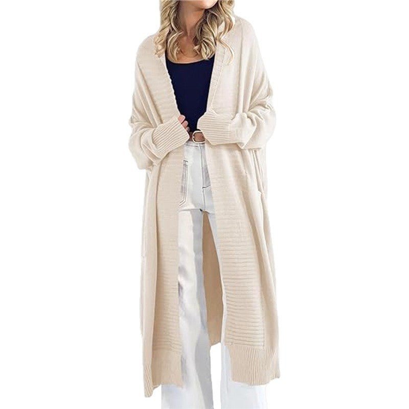 Damen Langer Strickcardigan mit offenen Taschen und strukturiertem Design Drune
