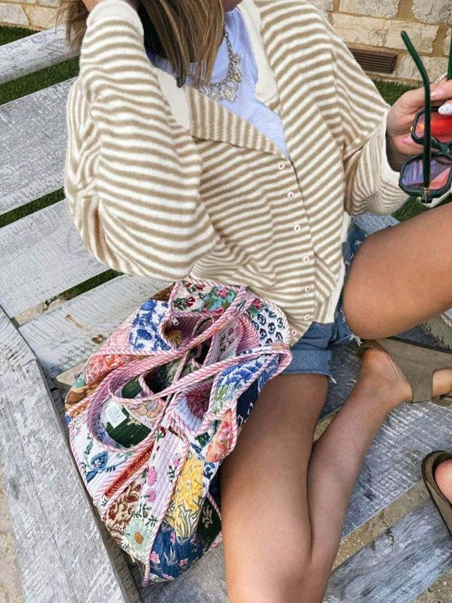 Damen Gestreifter Oversize Strickcardigan mit Knopfleiste und maritimem Look Drune