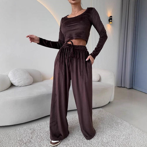 Damen Samt-Loungewear-Set mit Cropped-Langarmshirt und hoher Taillen-Palazzohose Drune