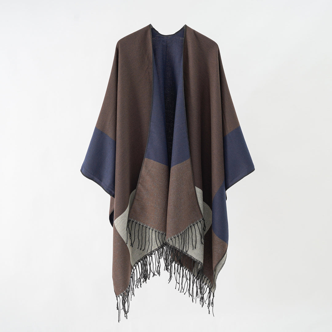 Damen Oversize-Ruana aus Wollmix mit Farbblock‑Design und Fransen Drune