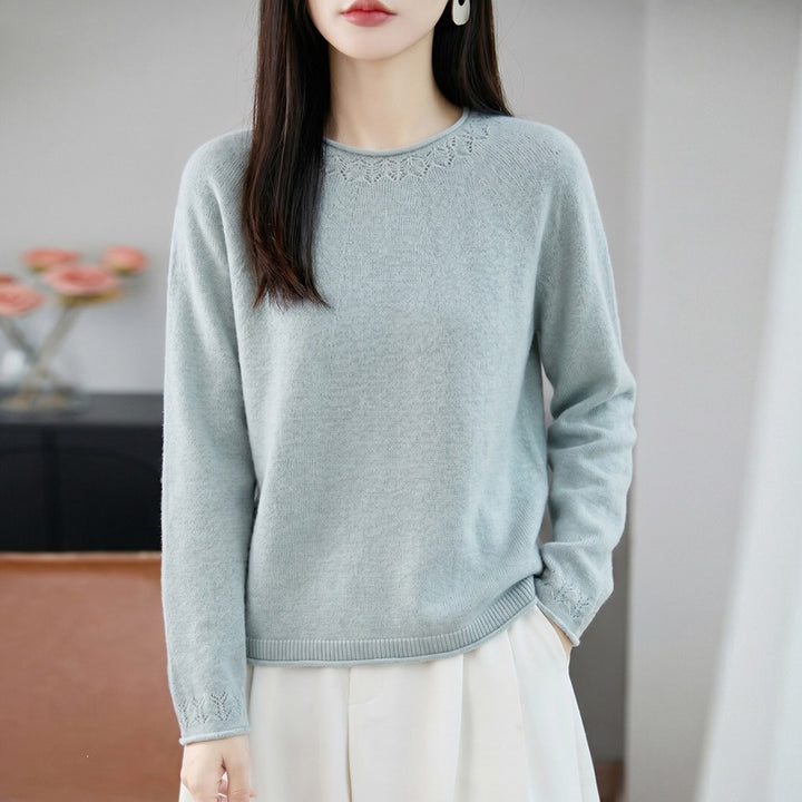 Damen Leichter Feinstrick-Rundhalspullover mit Ajourspitzen‑Detail und legerer Silhouette Drune