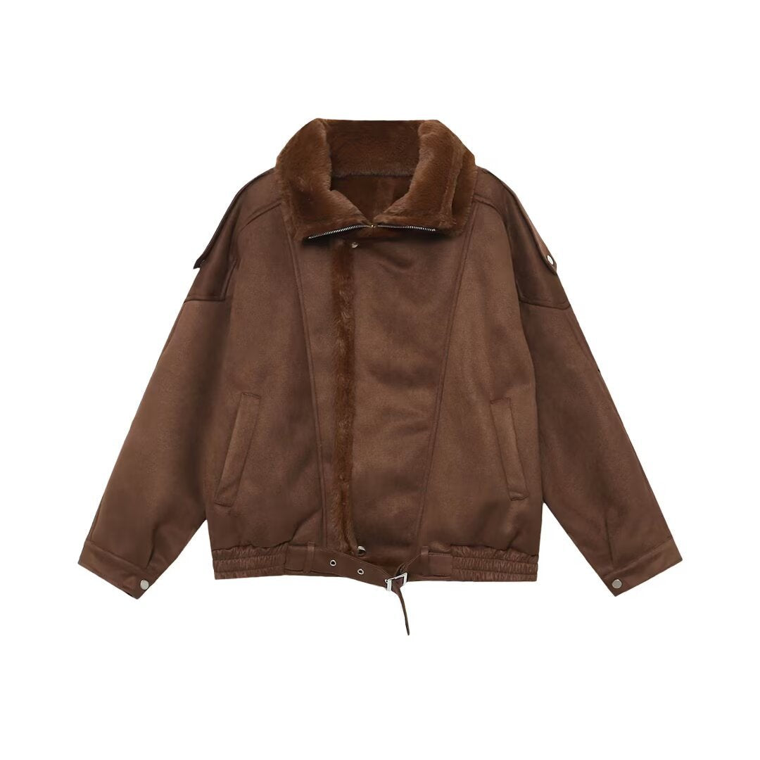 Damen Oversized Aviator-Jacke mit Teddyfutter, Stehkragen und Taillenriegel Drune