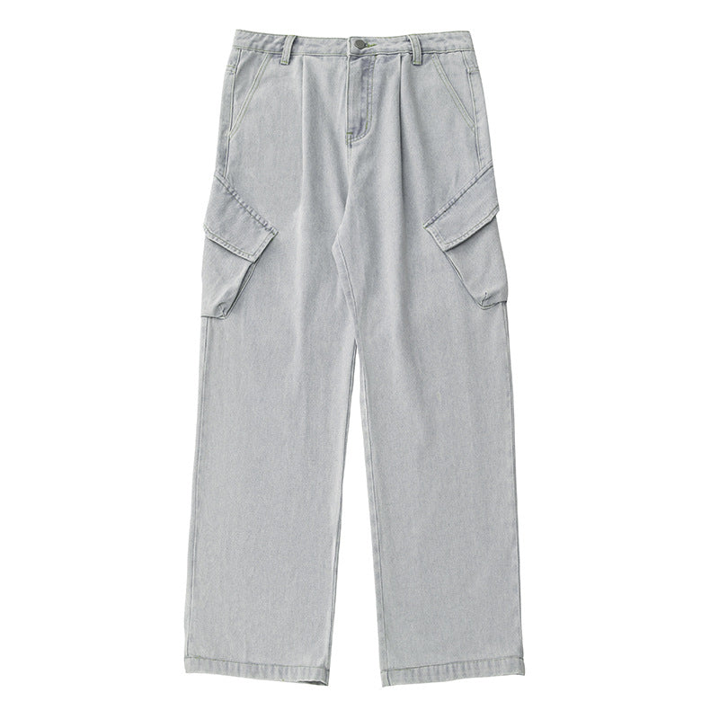 Unisex Hochtaillierte Relaxed-Denim‑Cargohose mit weitem Palazzoschnitt und asymmetrischen Klappentaschen Drune