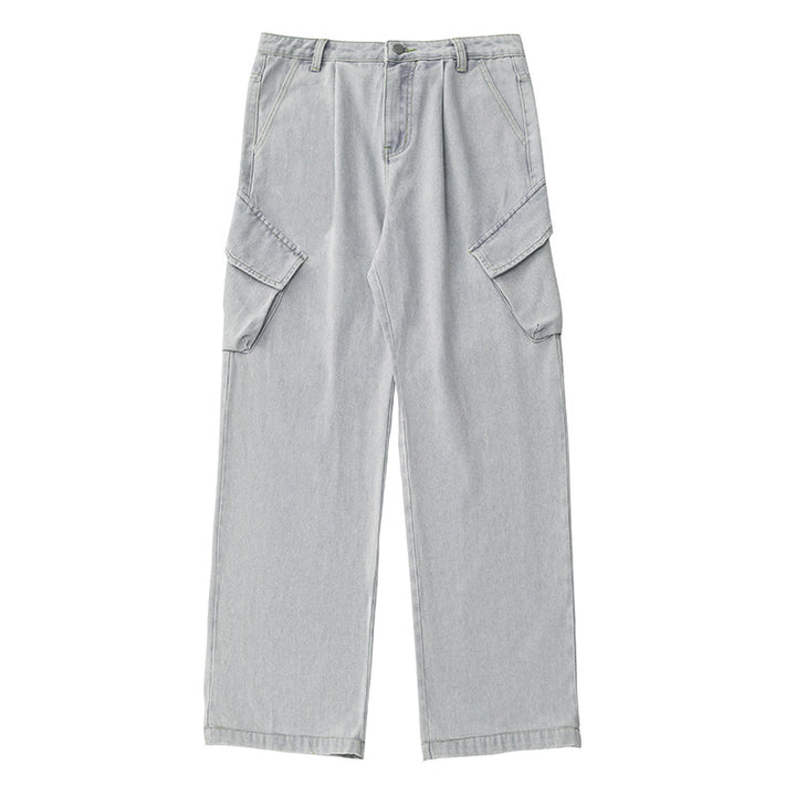 Unisex Hochtaillierte Relaxed-Denim‑Cargohose mit weitem Palazzoschnitt und asymmetrischen Klappentaschen Drune