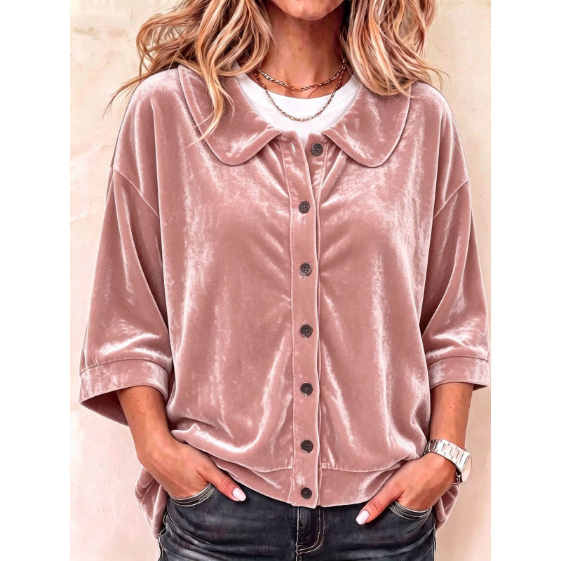 Damen Samt-Button-Down-Hemdbluse mit abgerundetem Kragen Drune