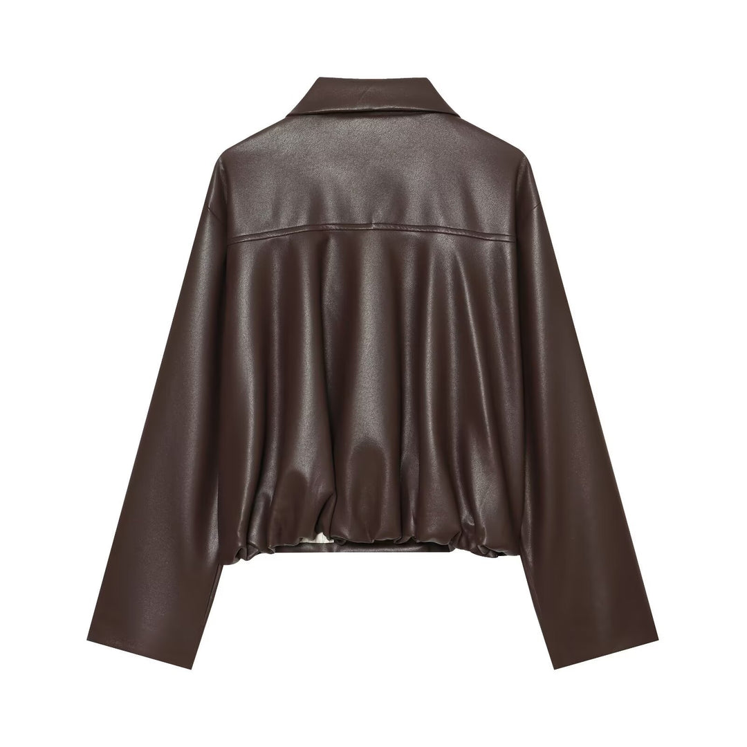 Damen Kurz geschnittene doppelreihige Kunstlederjacke mit weitem Hemdkragen Drune