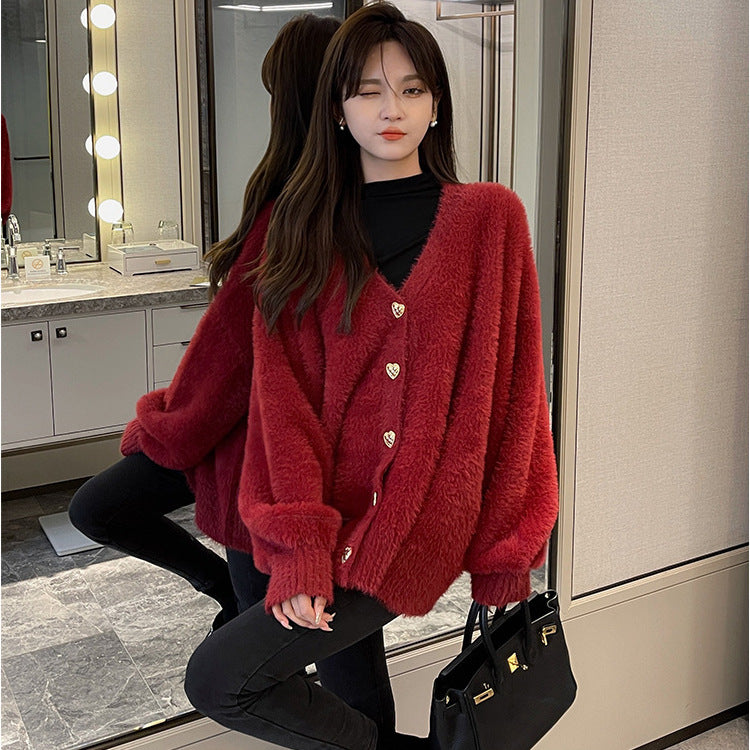 Damen Oversized Strickjacke mit Herzknöpfen und weichem Material Drune