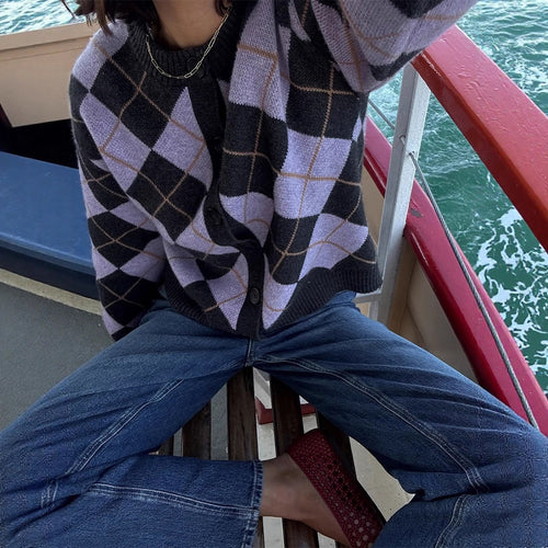 Damen Argyle-Strickjacke mit kastiger Silhouette und großer Knopfleiste Drune