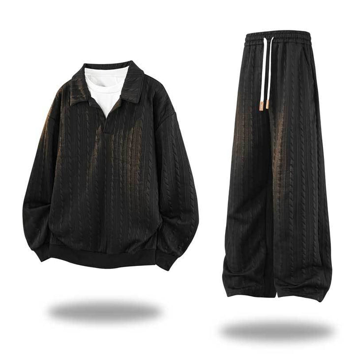 Herren Oversize Strukturiertes Lounge‑Set mit Polokragen, Zopfmuster‑Optik & weitem Bein Drune
