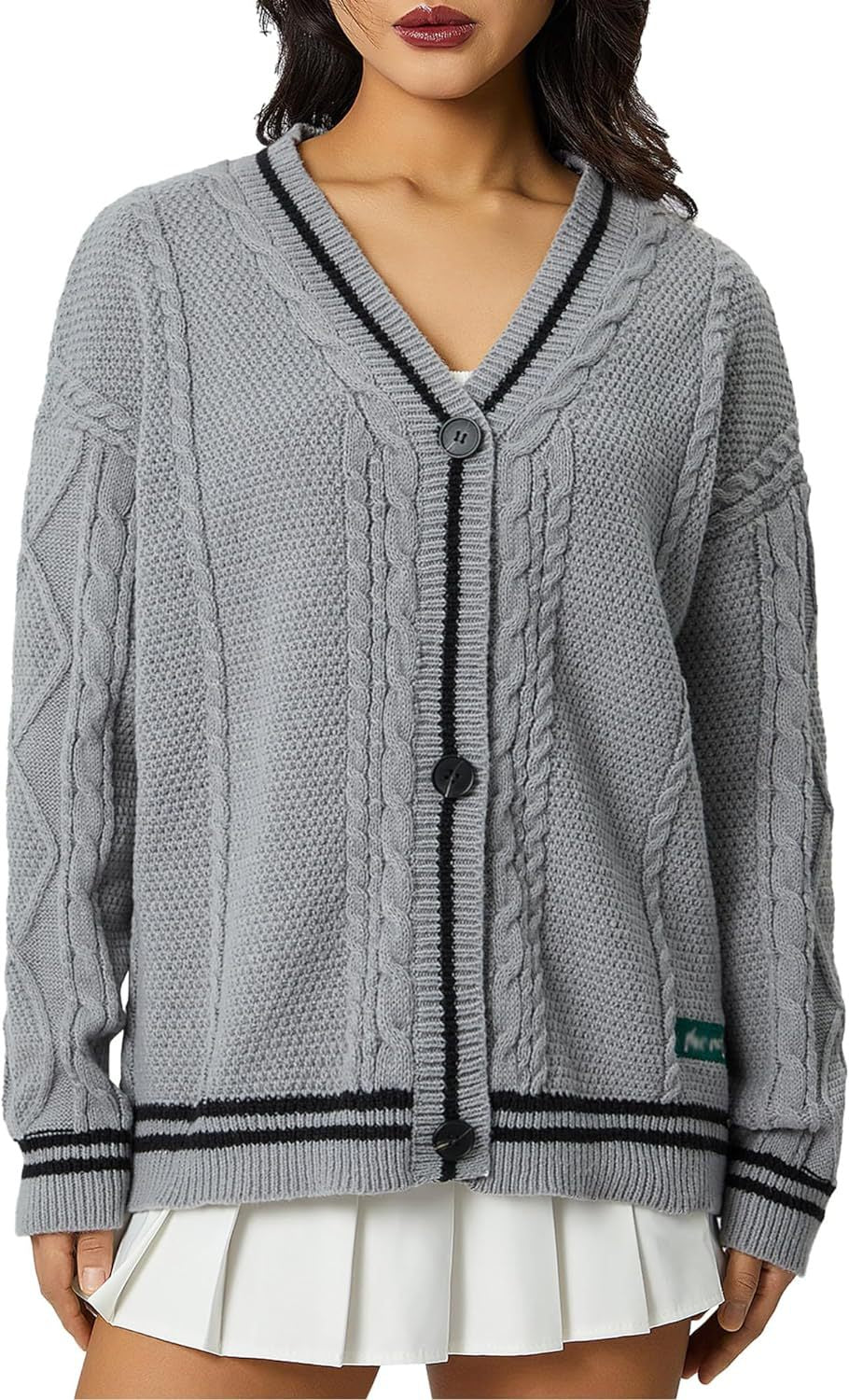 Damen Grobstrick-Cardigan mit dekorativen Sternen und kontrastierendem Bund Drune
