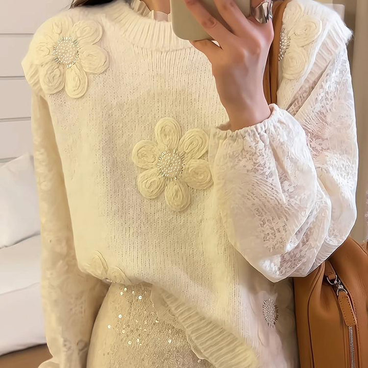 Damen Strickpullover mit floralen 3D-Applikationen Drune