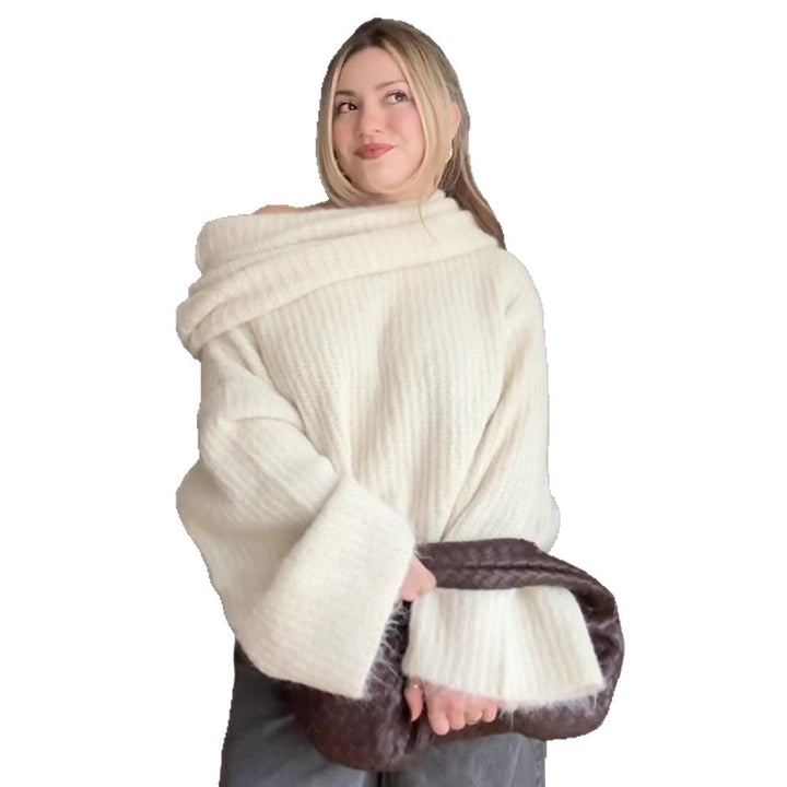 Damen Oversize Schulterfreier Rippstrick-Pullover mit weiten Glockenärmeln Drune