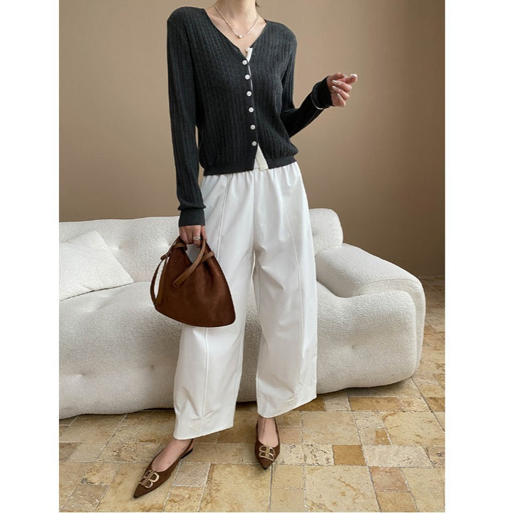 Damen lässige Strickjacke mit V-Ausschnitt und Knopfdetail Drune