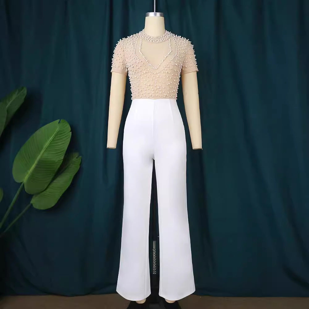 Damen eleganter Jumpsuit mit schimmerndem Perlen-Besatz Drune