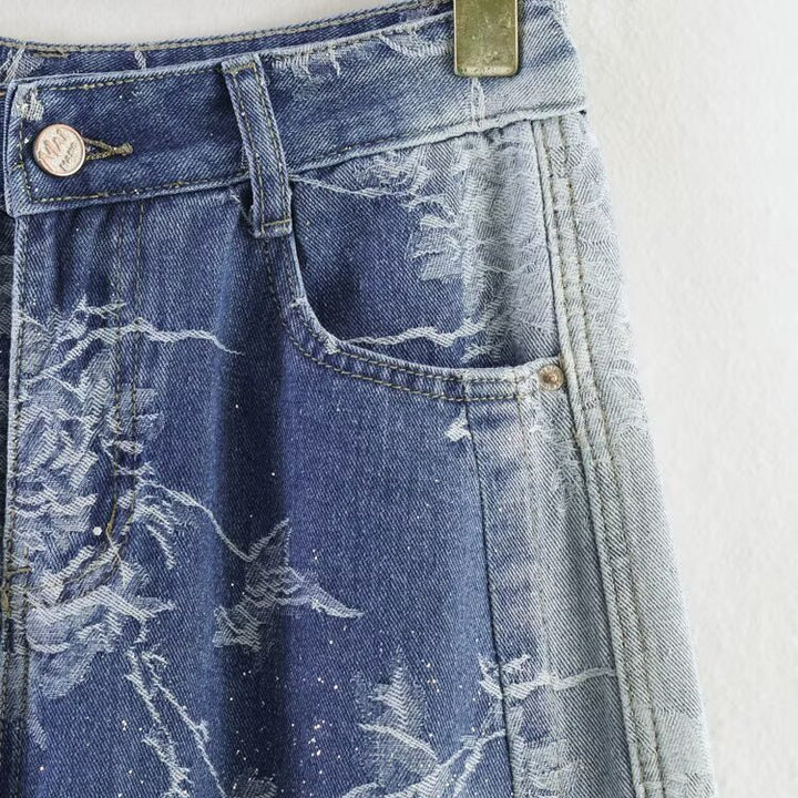 Damen Highwaist Culotte-Jeans mit weitem Bein und floraler Bleach-Optik Drune
