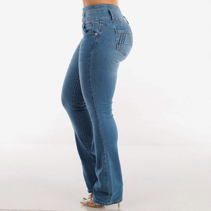 Damen High-Waist Bootcut Jeans mit dekorativen Knopfdetails und figurbetontem Schnitt Drune
