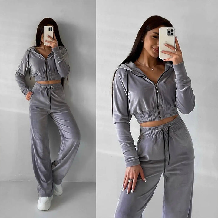 Damen Samt-Loungewear-Set mit Cropped Zip-Kapuzenjacke und weiter Palazzohose Drune