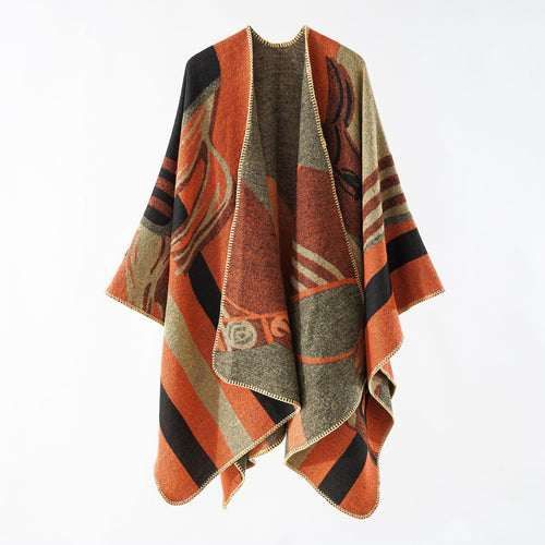 Damen Ruana-Überwurf im groben Wollmix mit grafischem Block-Design und Kettelsaum Drune