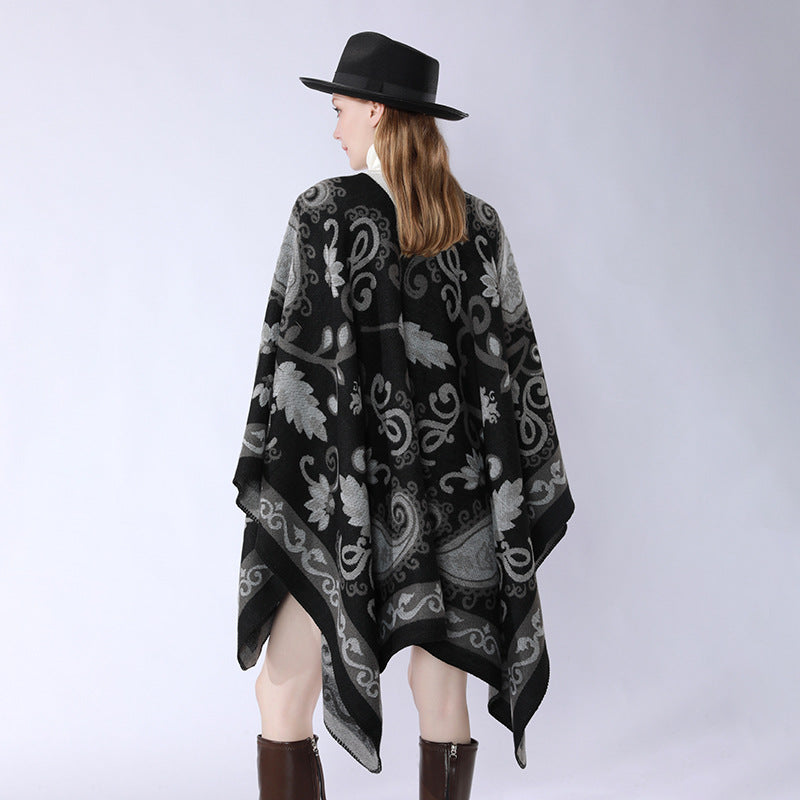 Damen Wollmix-Poncho-Umhang mit Paisley-Jacquard und Ziernaht Drune