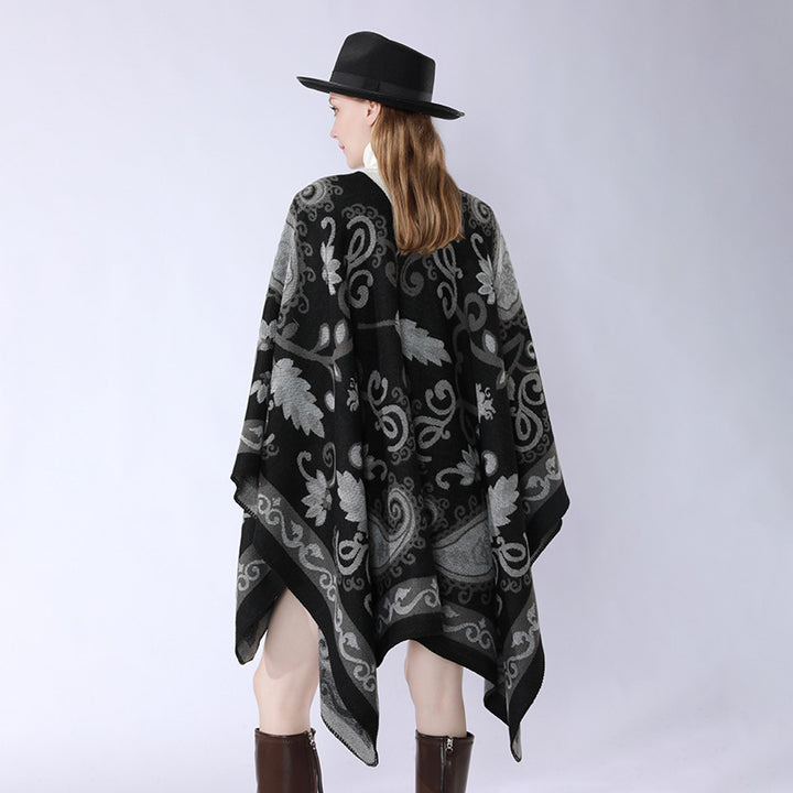 Damen Wollmix-Poncho-Umhang mit Paisley-Jacquard und Ziernaht Drune