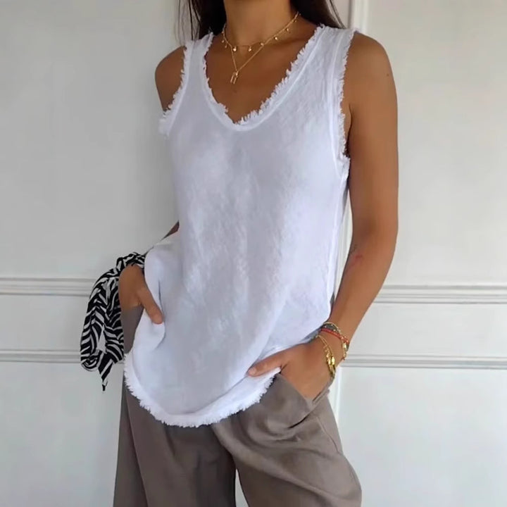 Damen nan lässiges Leinenoptik-Tanktop mit ausgefranstem Saum U-Ausschnitt und lockerer Hüftlänge Drune