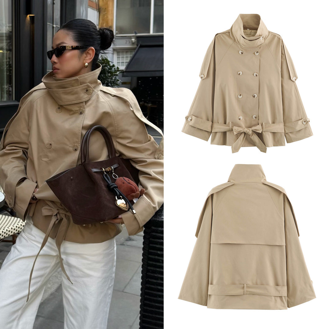 Damen Kurz geschnittener Cape-Trenchcoat mit Stehkragen und Taillengürtel Drune