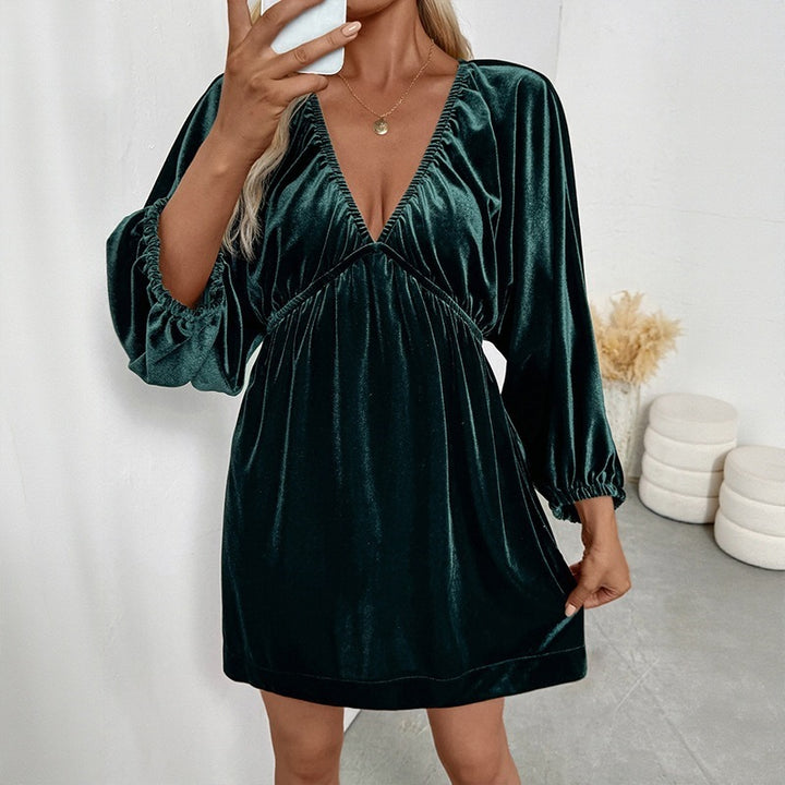 Damen Elegantes Samtkleid mit V-Ausschnitt und Puffärmeln Drune