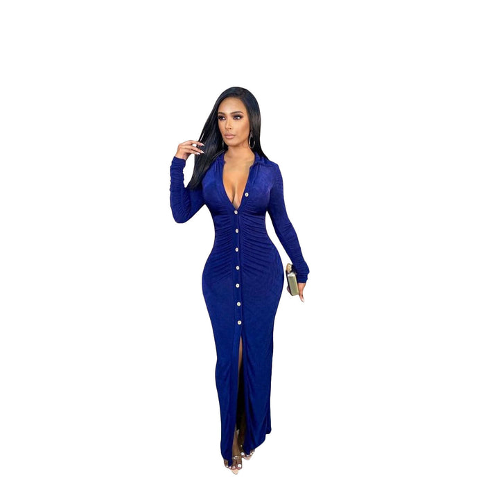 Damen Figurbetontes Maxikleid mit Knopfleiste, Raffung und tiefem V-Ausschnitt Drune