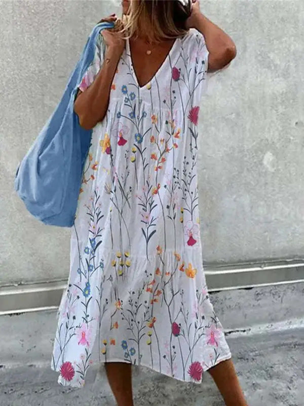 Damen Sommerkleid mit V-Ausschnitt und voluminösem Rock Drune