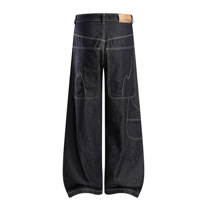 Damen High‑Waist weite Balloon-Jeans mit Kontrastnähten und Utility‑Tasche Drune