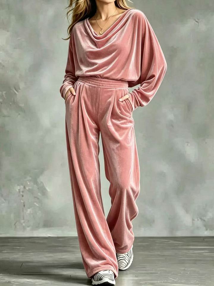 Damen Samt-Loungewear-Set mit Wasserfallkragen, weitem Palazzo-Schnitt und Eingrifftaschen Drune