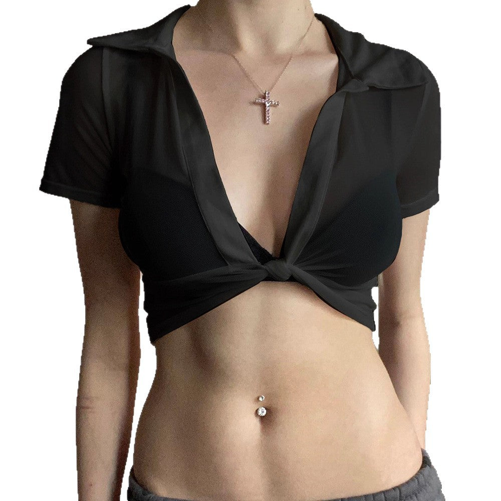 Damen cropped Oberteil mit tiefem V-Ausschnitt und zarter Knotendetailierung Drune