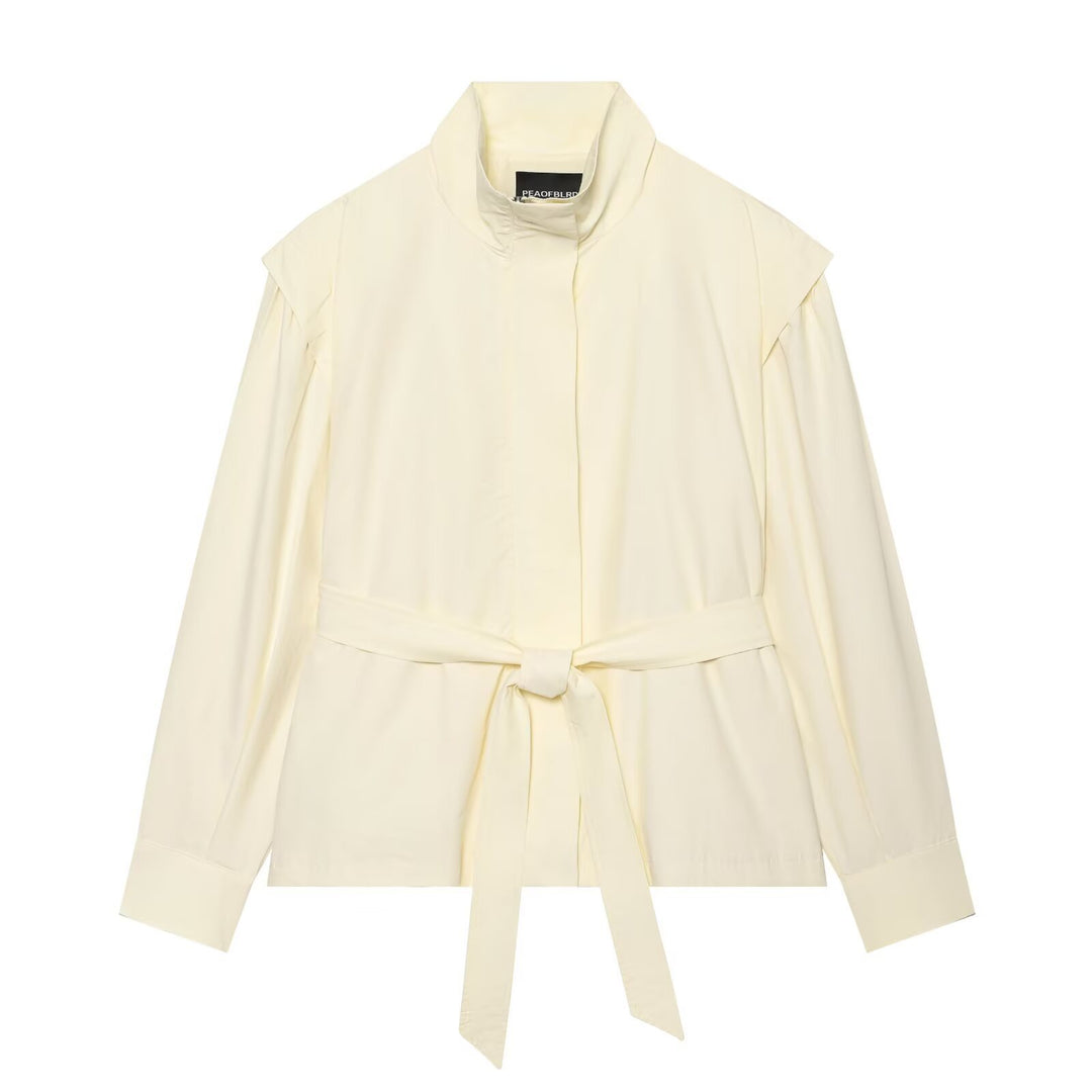 Damen Kurzjacke im Blousonstil mit Stehkragen, Bindegürtel und Cape‑Schulter Drune
